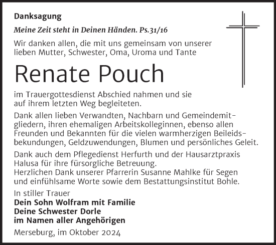 Traueranzeige von Renate Pouch von Trauerkombi Merseburg