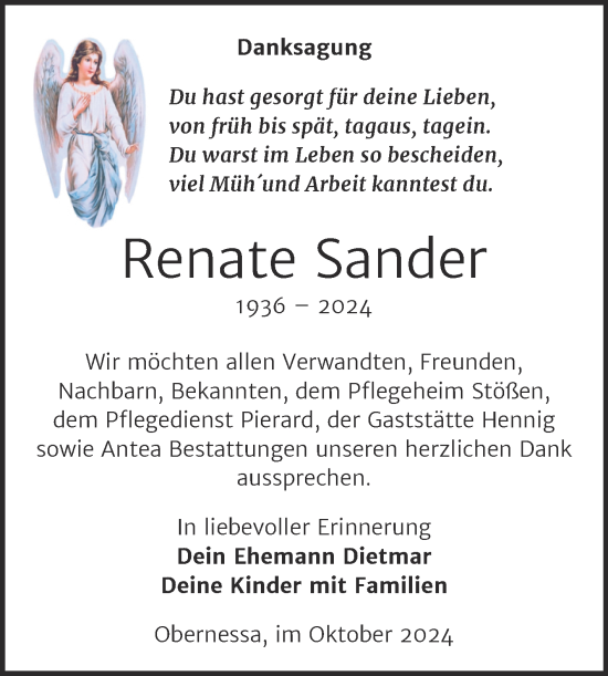 Traueranzeige von Renate Sander von Trauerkombi Weißenfels