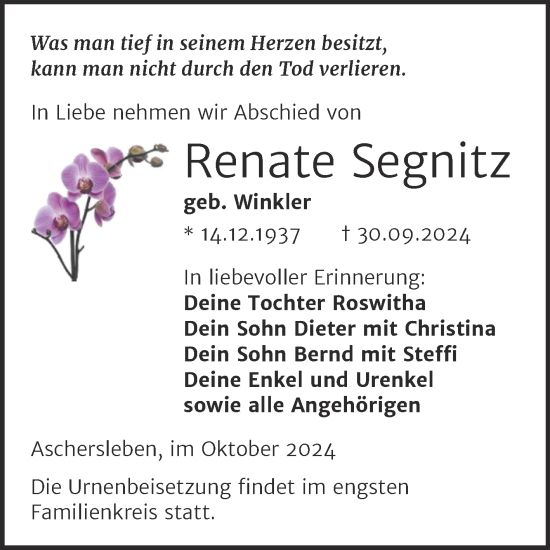 Traueranzeige von Renate Segnitz von Trauerkombi Aschersleben