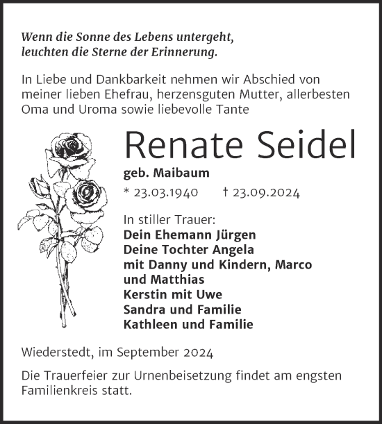 Traueranzeige von Renate Seidel von Trauerkombi Mansfelder Land