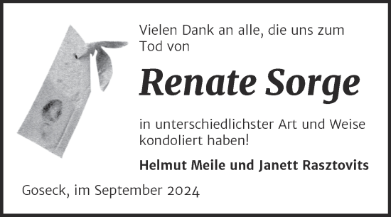 Traueranzeige von Renate Sorge von Trauerkombi Weißenfels