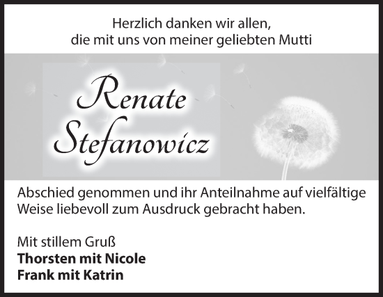 Traueranzeige von Renate Stefanowicz von Volksstimme Wernigerode