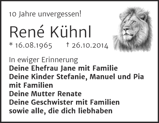 Traueranzeige von Rene Kühnl von Trauerkombi Wittenberg