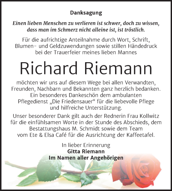 Traueranzeige von Richard Riemann von Volksstimme Burg/Genthin