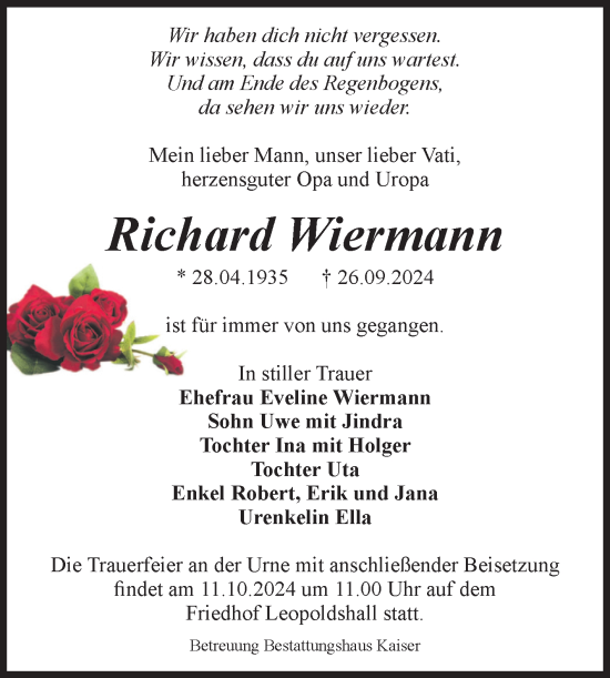 Traueranzeige von Richard Wiermann von Volksstimme Staßfurt