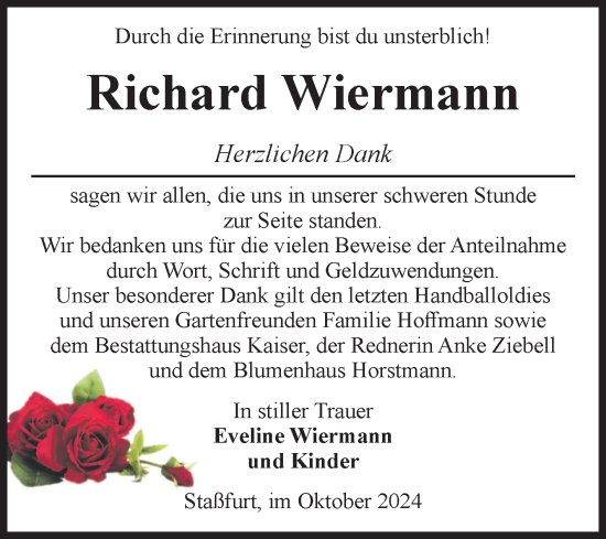 Traueranzeige von Richard Wiermann von Volksstimme Staßfurt