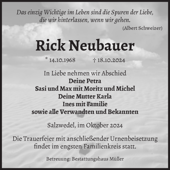 Traueranzeige von Rick Neubauer von Volksstimme Altmark West