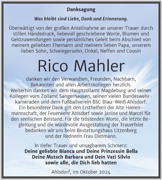 Traueranzeige von Rico Mahler von Trauerkombi Mansfelder Land