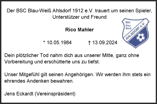 Traueranzeige von Rico Mahler von Trauerkombi Mansfelder Land