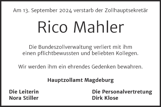 Traueranzeige von Rico Mahler von Mitteldeutsche Zeitung Regionalausgabe Süd-West