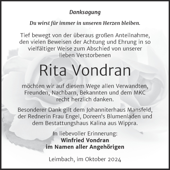 Traueranzeige von Rita Vondran von Trauerkombi Mansfelder Land