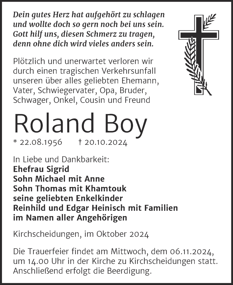  Traueranzeige für Roland Boy vom 30.10.2024 aus Naumburger Tageblatt