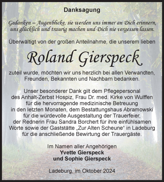 Traueranzeige von Roland Gierspeck von Volksstimme Zerbst
