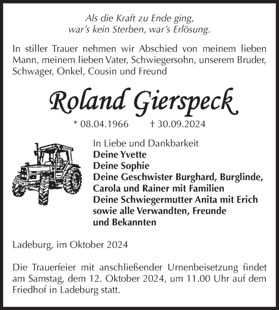 Traueranzeige von Roland Gierspeck von Volksstimme Zerbst