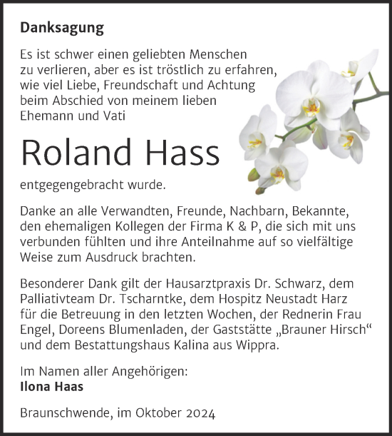 Traueranzeige von Roland Hass von Trauerkombi Mansfelder Land