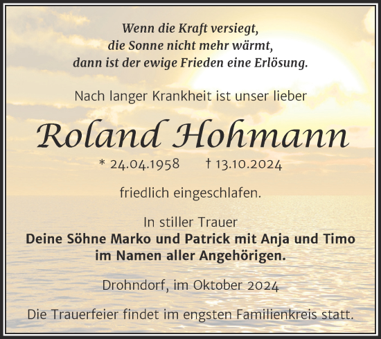 Traueranzeige von Roland Hohmann von Trauerkombi Aschersleben