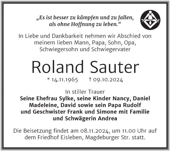 Traueranzeige von Roland Sauter von Trauerkombi Mansfelder Land