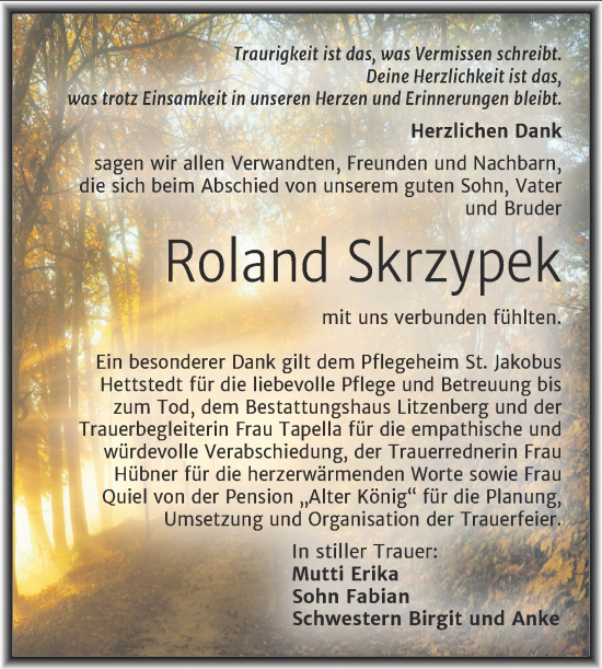 Traueranzeige von Roland Skrzypek von Trauerkombi Mansfelder Land