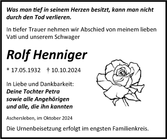 Traueranzeige von Rolf Henniger von Trauerkombi Aschersleben