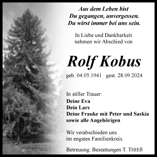 Traueranzeige von Rolf Kobus von Volksstimme Wernigerode
