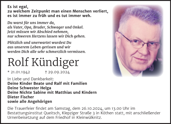 Traueranzeige von Rolf Kündiger von Trauerkombi Köthen