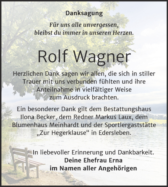 Traueranzeige von Rolf Wagner von Trauerkombi Sangerhausen