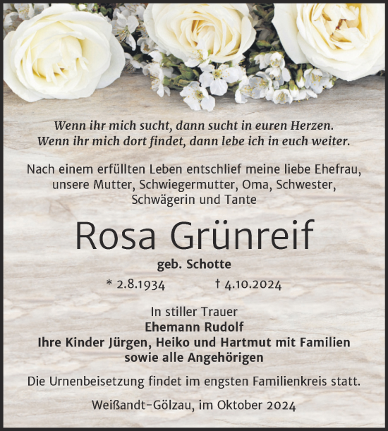 Traueranzeige von Rosa Grünreif von Trauerkombi Köthen