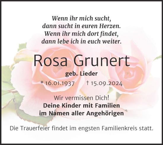 Traueranzeige von Rosa Grunert von Trauerkombi Weißenfels