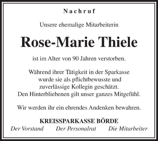 Traueranzeige von Rose-Marie Thiele von Volksstimme Oschersleben/Wanzleben