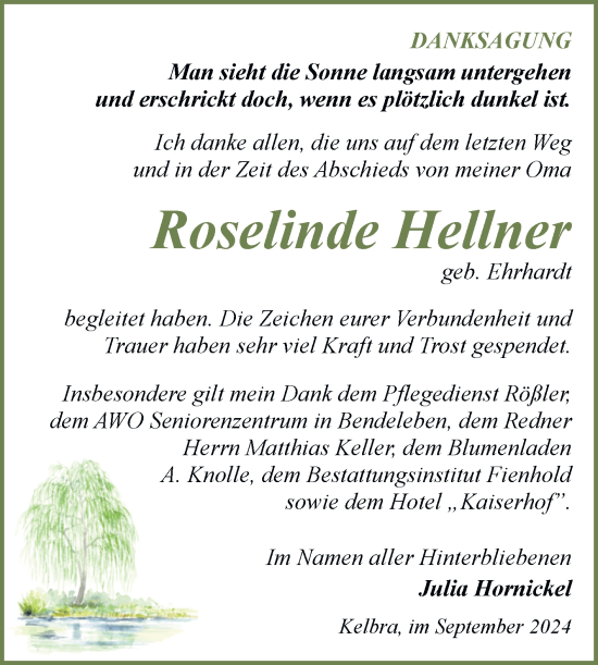 Traueranzeige von Roselinde Hellner von Trauerkombi Sangerhausen