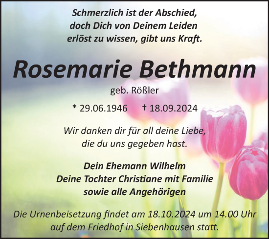 Traueranzeige von Rosemarie Bethmann von Trauerkombi Bitterfeld