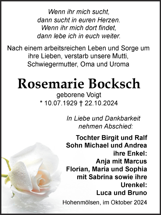 Traueranzeige von Rosemarie Bocksch von Trauerkombi Weißenfels