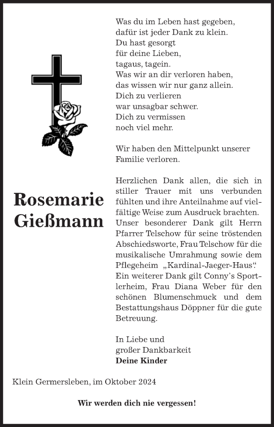 Traueranzeige von Rosemarie Gießmann von Volksstimme Oschersleben/Wanzleben