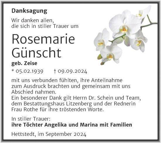 Traueranzeige von Rosemarie Günscht von Trauerkombi Mansfelder Land