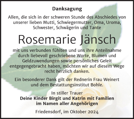 Traueranzeige von Rosemarie Jänsch von Trauerkombi Merseburg