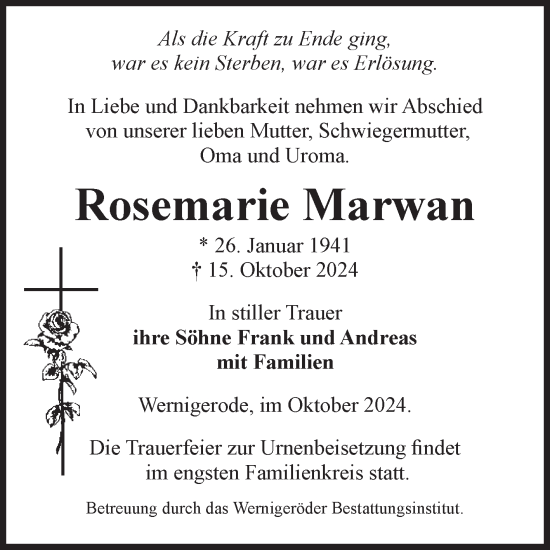 Traueranzeige von Rosemarie Marwan von Volksstimme Wernigerode