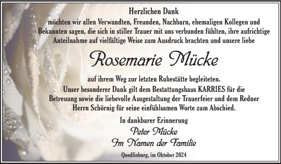 Traueranzeige von Rosemarie Mücke von Trauerkombi Quedlinburg