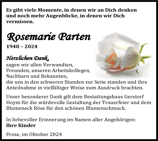 Traueranzeige von Rosemarie Parten von Trauerkombi Aschersleben