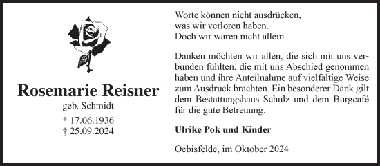 Traueranzeige von Rosemarie Reisner von Volksstimme Altmark West