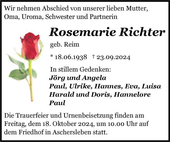 Traueranzeige von Rosemarie Richter von Trauerkombi Aschersleben