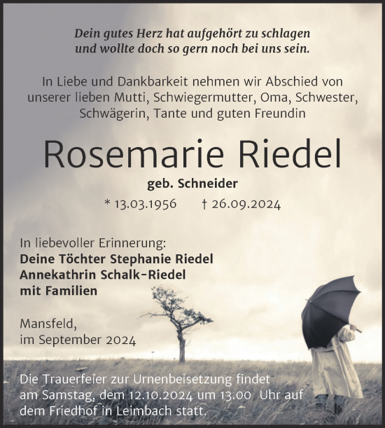 Traueranzeige von Rosemarie Riedel von Trauerkombi Mansfelder Land