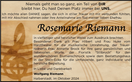 Traueranzeige von Rosemarie Riemann von Volksstimme Halberstadt