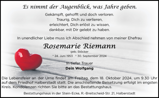 Traueranzeige von Rosemarie Riemann von Volksstimme Halberstadt