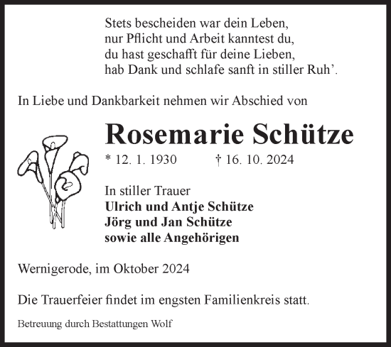 Traueranzeige von Rosemarie Schütze von Volksstimme Wernigerode