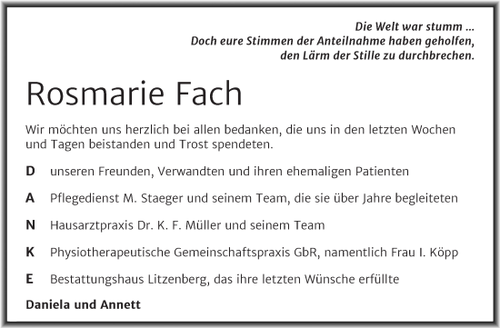 Traueranzeige von Rosmarie Fach von Trauerkombi Mansfelder Land