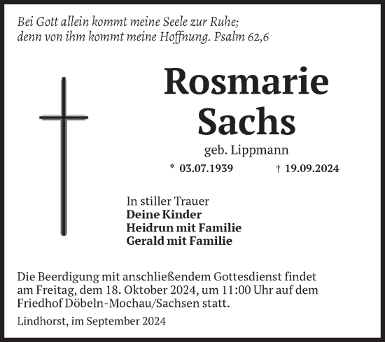 Traueranzeige von Rosmarie Sachs von Volksstimme Haldensleben/Wolmirstedt