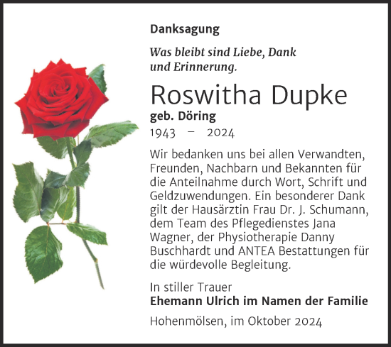 Traueranzeige von Roswitha Dupke von Trauerkombi Weißenfels
