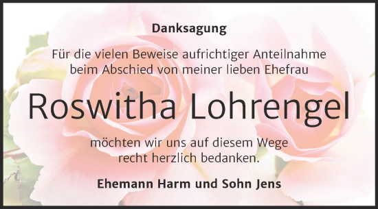 Traueranzeige von Roswitha Lohrengel von Trauerkombi Wittenberg