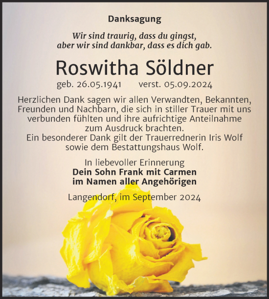 Traueranzeige von Roswitha Söldner von Trauerkombi Weißenfels
