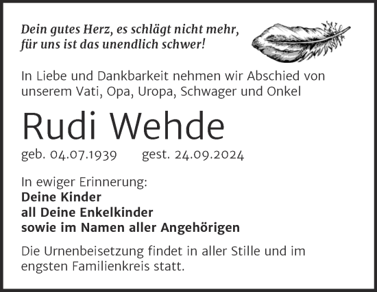 Traueranzeige von Rudi Wehde von SuperSonntag Bitterfeld